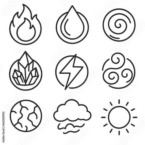 Elemental Energy Orbs. Outline style icon of Elemental Energy Orbs: fiery core, watery droplet orb, airy swirl sphere, earthy