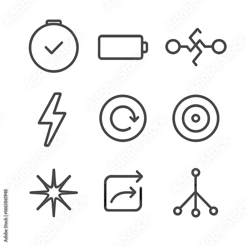 Battery Sigil Icons. Outline style icon of Sigil Battery Symbols: charged circle, depleted bar, linked circuit rune, overload