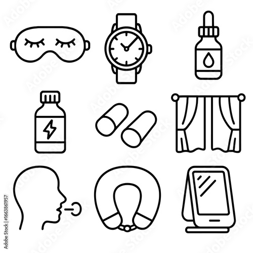Jet-Lag Recovery Essentials. Outline style icon of Jet-Lag Recovery Nap: sleep mask, time-zone watch, eye drops, hydration