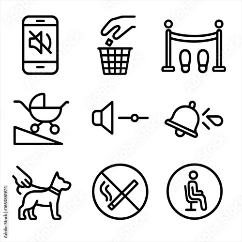 Public Space Courtesy Icons. Outline style icon of Public Space Courtesy: quiet phone mode, trash in bin, queue line feet,