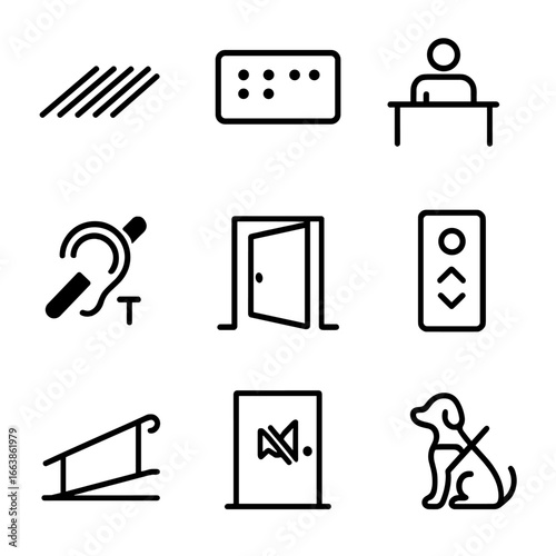 Accessible Design Icons. Outline style icon of Accessible Design Features: tactile floor strip, braille plaque, low counter,