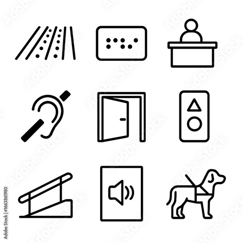 Accessible Design Icons. Outline style icon of Accessible Design Features: tactile floor strip, braille plaque, low counter,
