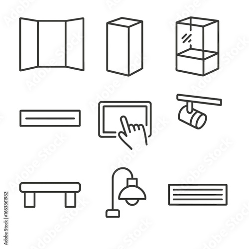 Exhibition Hall Icons. Outline style icon of Exhibition Hall Elements: modular display wall, freestanding plinth, glass showcase,