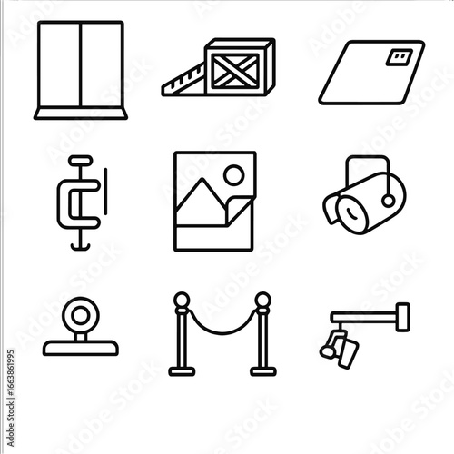 Exhibit Setup Icons. Outline style icon of Temporary Exhibit Infrastructure: modular wall panel, crate ramp, floor protection