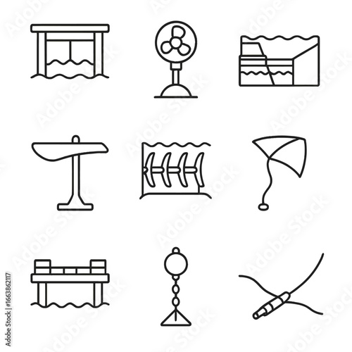 Tidal Energy Icons. Outline style icon of Tidal Energy Devices: tidal barrage gate, bulb turbine, tidal lagoon wall, oscillating