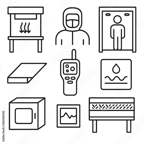 Cleanroom Equipment Icon. Outline style icon of Cleanroom Environment: laminar flow hood, HEPA filter, bunny suit, air shower,