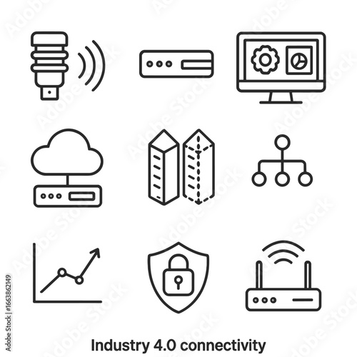Industry 4.0 Connectivity. Outline style icon of Industry 4.0 Connectivity: IIoT sensor, edge gateway, MES dashboard, cloud server