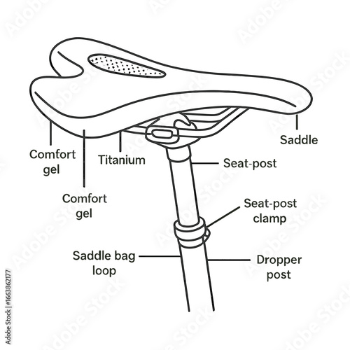 Saddle Icon Outline. Outline style icon of Saddle & Seating: saddle shell, titanium rail, seat-post clamp, dropper post, seat-post
