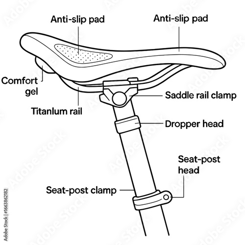 Saddle Icon Outline. Outline style icon of Saddle & Seating: saddle shell, titanium rail, seat-post clamp, dropper post, seat-post