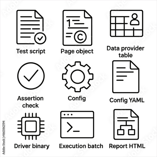 Automation Framework Icons. Outline style icon of Automation Framework Assets: test script file, page object class, data provider