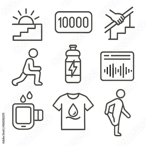 Morning Fitness Icons. Outline style icons of Morning Fitness: sunrise stair climb, step counter digits, stair railing grip,