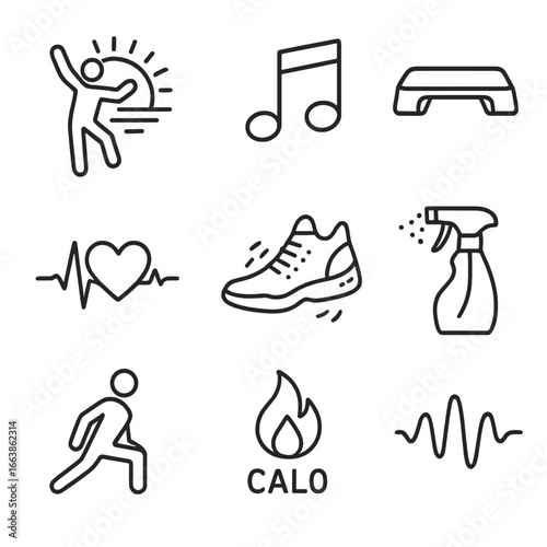 Morning Fitness Icons. Outline style icons of Morning Fitness: sunrise dance cardio, motion music note, step platform, heart-beat