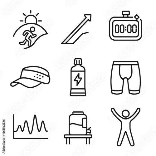 Morning Fitness Icons. Outline style icons of Morning Fitness: sunny hill sprints, incline arrow, stopwatch digital, breathable