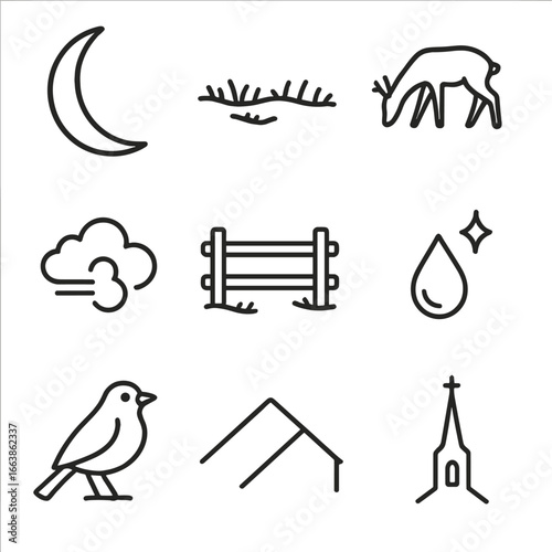 Moonlit Night Icons. Outline style icons of Moonlit Night: thin crescent moon sliver, frost-covered meadow, grazing deer