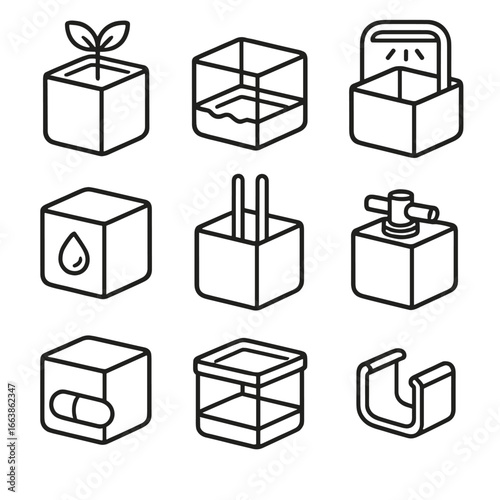 Modular Cube Icons. Outline style icons of Modular Cube: plant pot cube, self-watering tray cube, grow light cube, humidity sensor