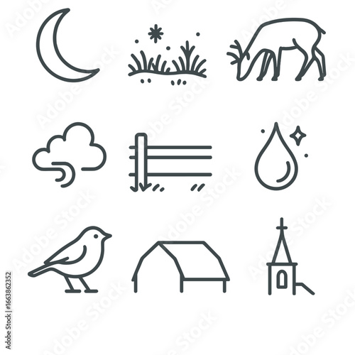 Moonlit Night Icons. Outline style icons of Moonlit Night: thin crescent moon sliver, frost-covered meadow, grazing deer