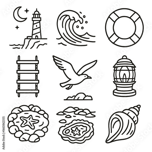 Moonlit Ocean Icons. Outline style icons of Moonlit Night: moonlit lighthouse cliff, crashing wave spray, gull wing span, lifebuoy
