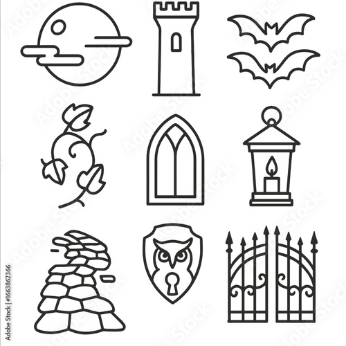 Moonlit Gothic Icons. Outline style icons of Moonlit Night: thin clouds veil moon, castle tower silhouette, fluttering bat pair,
