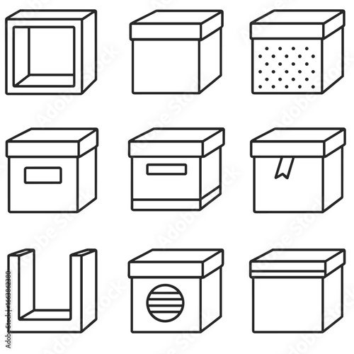 Modular Storage Icons. Outline style icons of Modular Cube: archival storage cube, acid-free box cube, silica gel cube, label