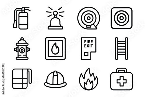 Bold Line Icons Depicting Emergency and Safety Equipment for Firefighters and First Responders