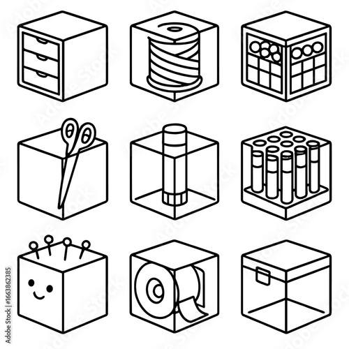 Modular Craft Cube Icons. Outline style icons of Modular Cube: craft supply cube, yarn spool cube, bead sorter cube, scissor slot