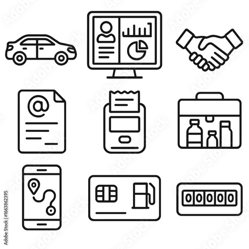 Mobile Workforce Icons. Outline style icons of Mobile Workforce: sales rep car, CRM dashboard, client handshake icon, e-invoice