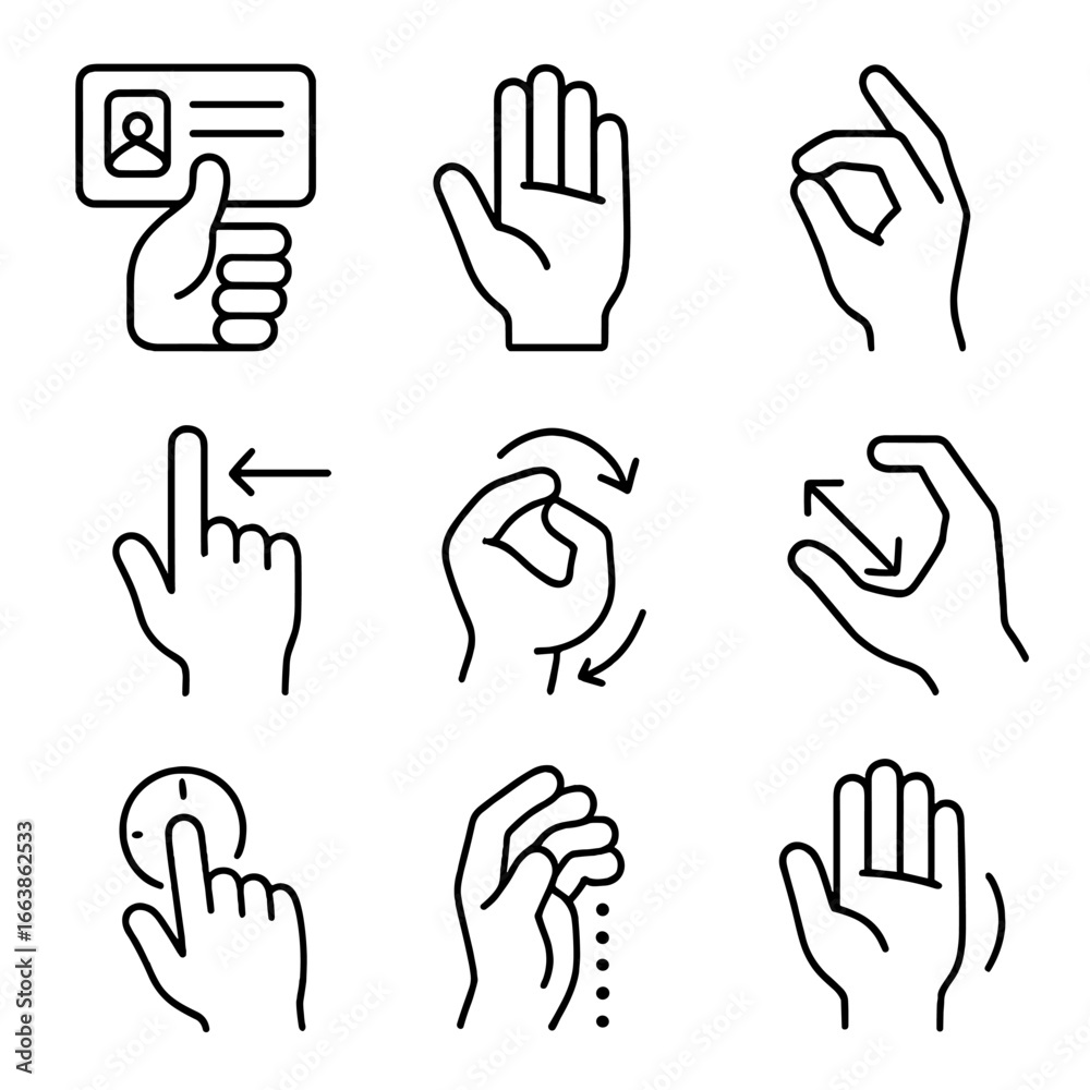 Fototapeta premium Mixed Reality Gesture Icons. Outline style icons of Mixed Reality: gesture library card, open palm icon, pinch select hand, swipe