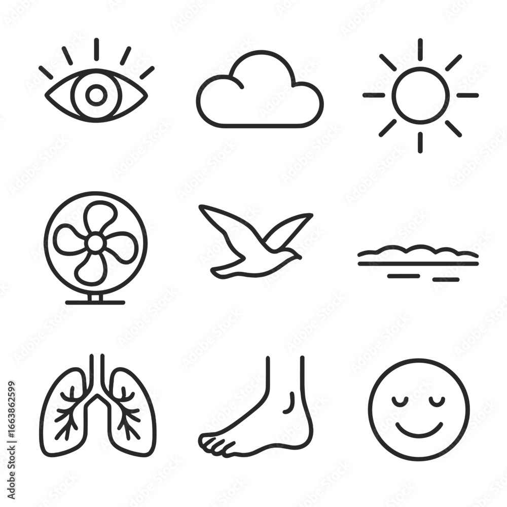 Fototapeta premium Mindfulness Outline Icons. Outline style icons of Mindfulness: sky gazing eye, drifting cloud icon, sunlight warmth beam, gentle