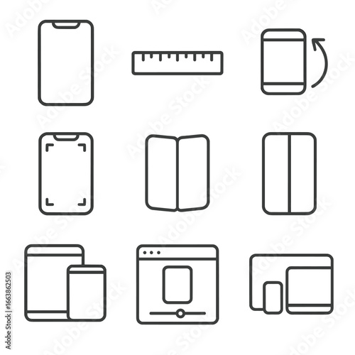 Mobile Design Icons. Outline style icons of Mobile Design: mobile viewport outline, breakpoint ruler bar, landscape rotation icon,