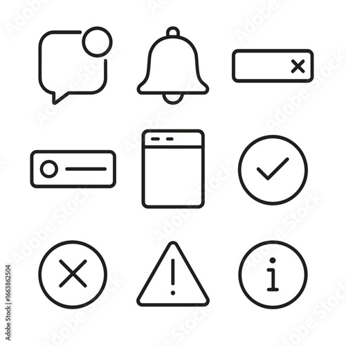 Mobile UI Icons. Outline style icons of Mobile Design: notification push badge, alert bell, banner alert bar, snackbar message,