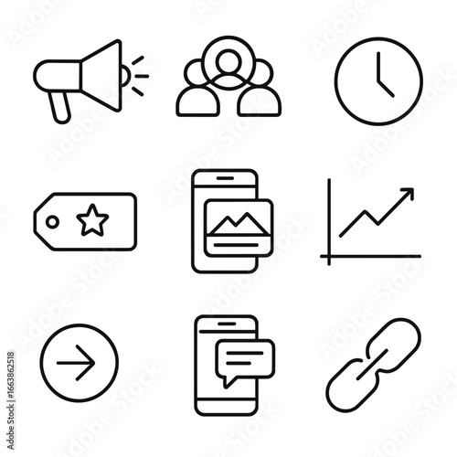 Mobile Design Icons. Outline style icons of Mobile Design: push campaign bullhorn, audience segment icon, send schedule clock,