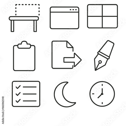 Mixed Reality Icons. Outline style icons of Mixed Reality: virtual desk surface, floating window app, multi-monitor grid,