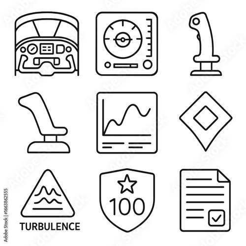Mixed Reality Icons. Outline style icons of Mixed Reality: flight simulator cockpit, instrument panel overlay, joystick control