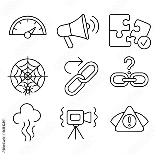 Misinformation Icon Set. Outline style icons of Misinformation: bias dial gauge, propaganda loudspeaker, detached fact puzzle,