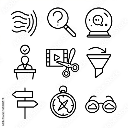 Misinformation Icon Set. Outline style icons of Misinformation: distorted echo lines, skepticism magnifying glass, rumor plasma