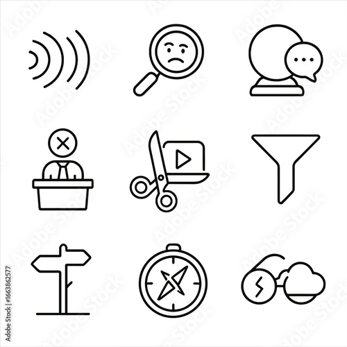 Misinformation Icon Set. Outline style icons of Misinformation: distorted echo lines, skepticism magnifying glass, rumor plasma