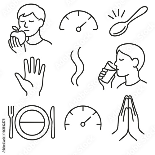Mindfulness Icon Set. Outline style icons of Mindfulness: mindful eating apple, chew slowly meter, savor spoon, texture awareness