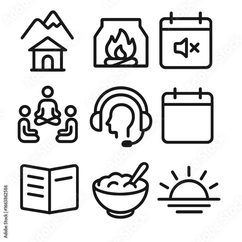 Mindfulness Icon Set. Outline style icons of Mindfulness: mountain meditation hut, fireplace warmth glow, silent retreat calendar,