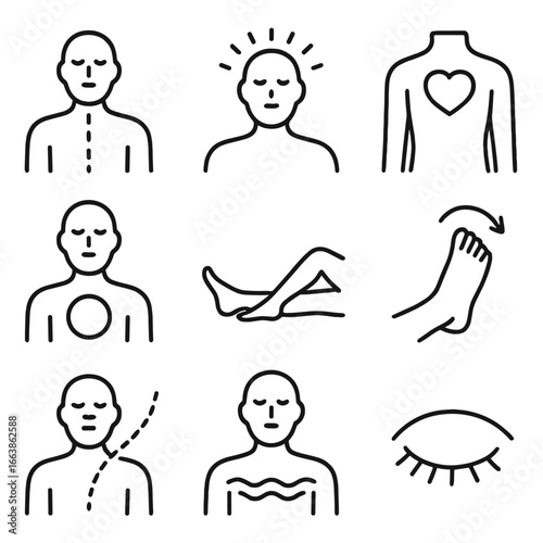 Mindfulness Icons Collection. Outline style icons of Mindfulness: body scan silhouette, head zone glow, chest zone glow, abdomen