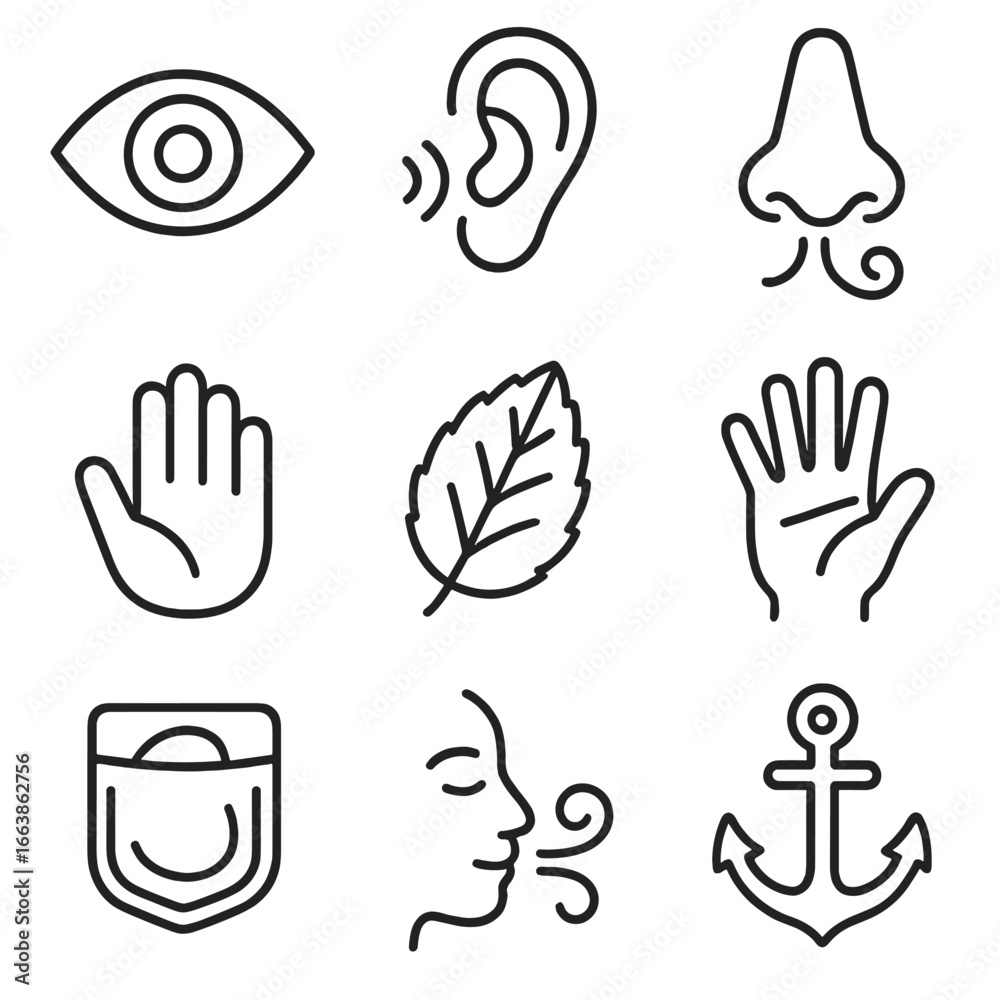 Obraz premium Mental Recovery Icons. Outline style icons of Mental Recovery: sensory grounding eye, ear sound wave, nose scent swirl, touch hand