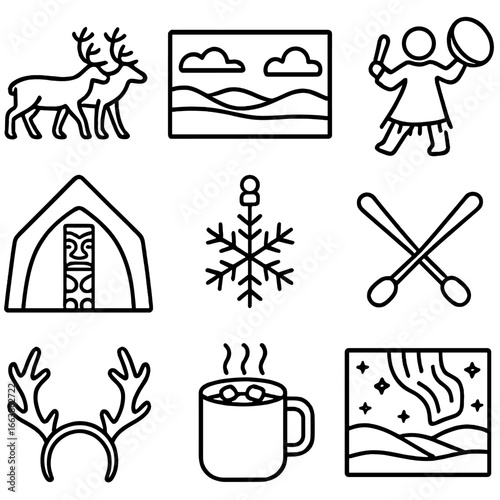 Migration Festival Icons. Outline style icons of Migration Festival: caribou herd icon, tundra mural wall, traditional drum dance,