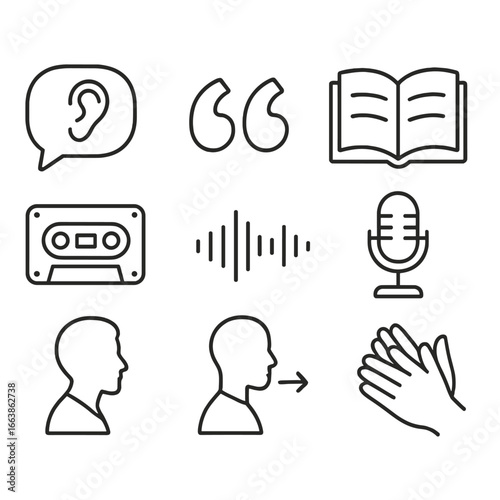 Memory Icons Collection. Outline style icons of Memory: echo voice bubble, favorite quote mark, storybook open, oral tradition mic