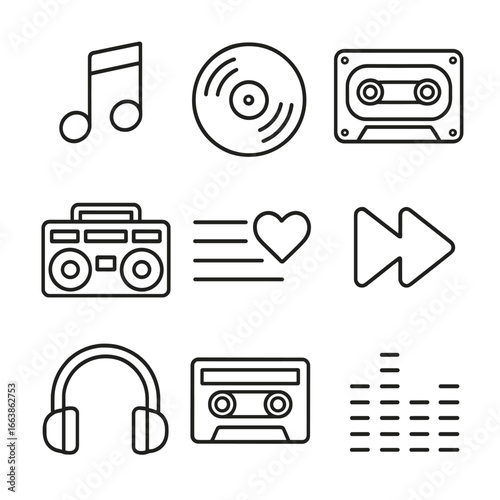 Retro Music Icons. Outline style icons of Memory: nostalgia music note, vinyl record groove, cassette tape reel, boombox speaker,