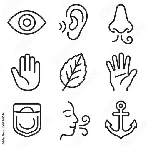 Mental Recovery Icons. Outline style icons of Mental Recovery: sensory grounding eye, ear sound wave, nose scent swirl, touch hand