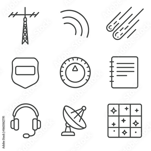 Meteor Shower Icons. Outline style icons of Meteor Shower: ham radio antenna, signal wave arc, meteor burst communication, call
