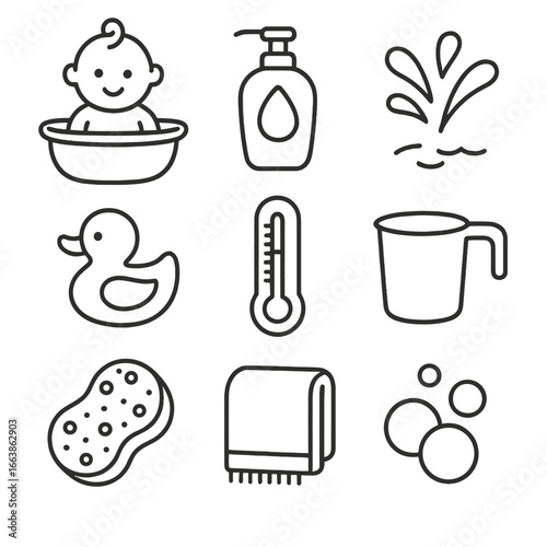 Baby Bath Icons. Line style icons of baby bath time: baby in tub, shampoo bottle, water splash, rubber duck, bath thermometer,