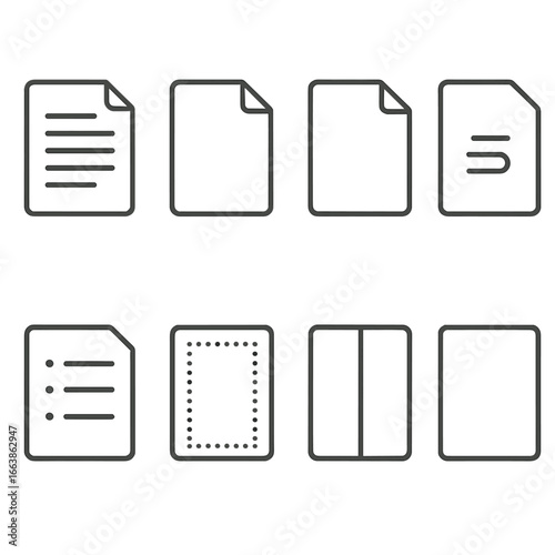 Minimal Document Icons. Line style icons of basic document elements: plain text file, clean sheet icon, thin page fold, outline