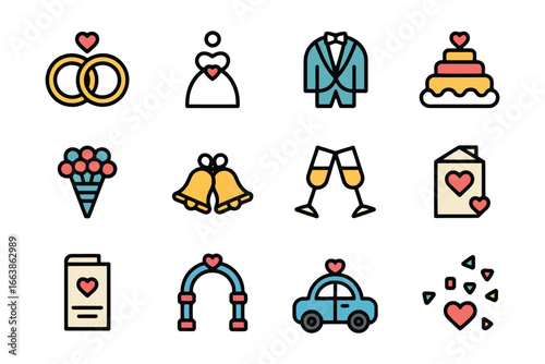 Wedding Icon Set Featuring Rings, Dress, Suit, Cake, Flowers, Bells and More