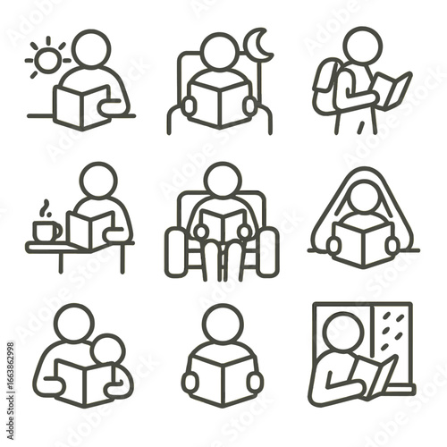 Reading Culture Icons. Line style icons of reading culture habits: morning reading, bedtime book, travel with book, café reader,