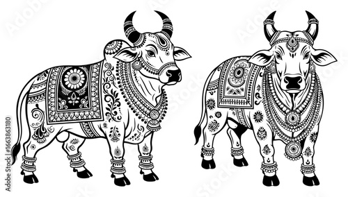 Sacred indian cow and Nandi bull vector illustration set